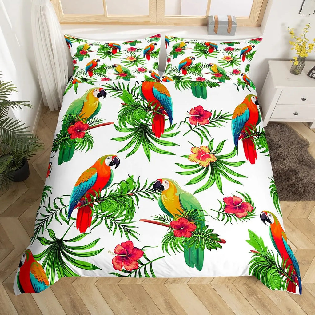 Tropical Parrot Bedding Set - 3 Piece Duvet Cover with Pillow Shams