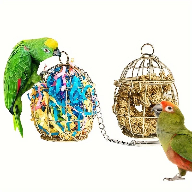 Metal Cage Shaped Foraging Toy - Interactive Treat Holder for Parrots
