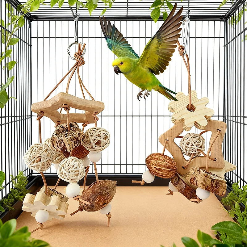 Natural Wooden Chewing Toy with Rattan Balls