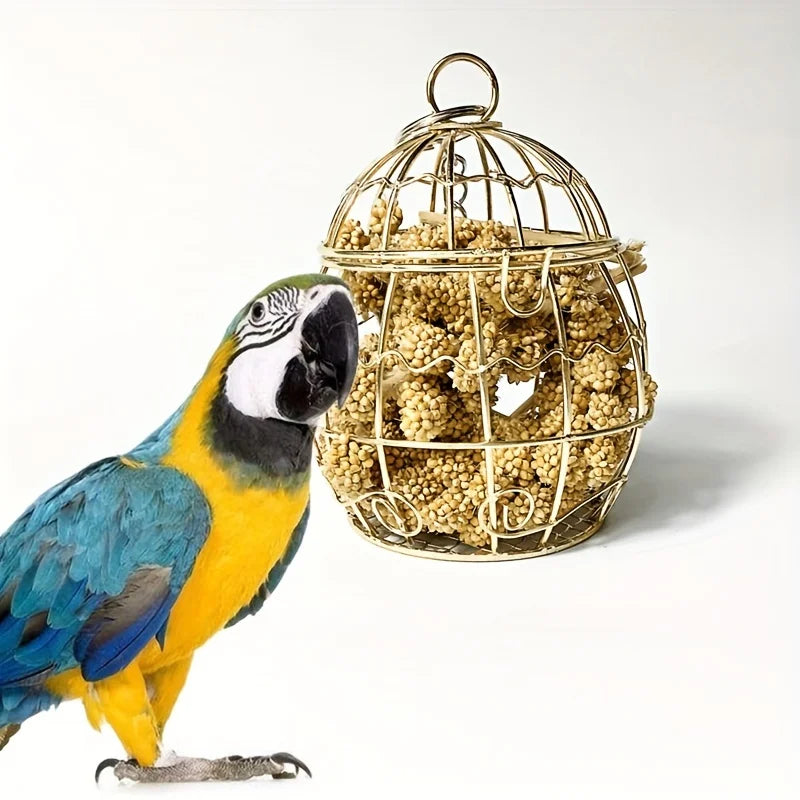 Metal Cage Shaped Foraging Toy - Interactive Treat Holder for Parrots