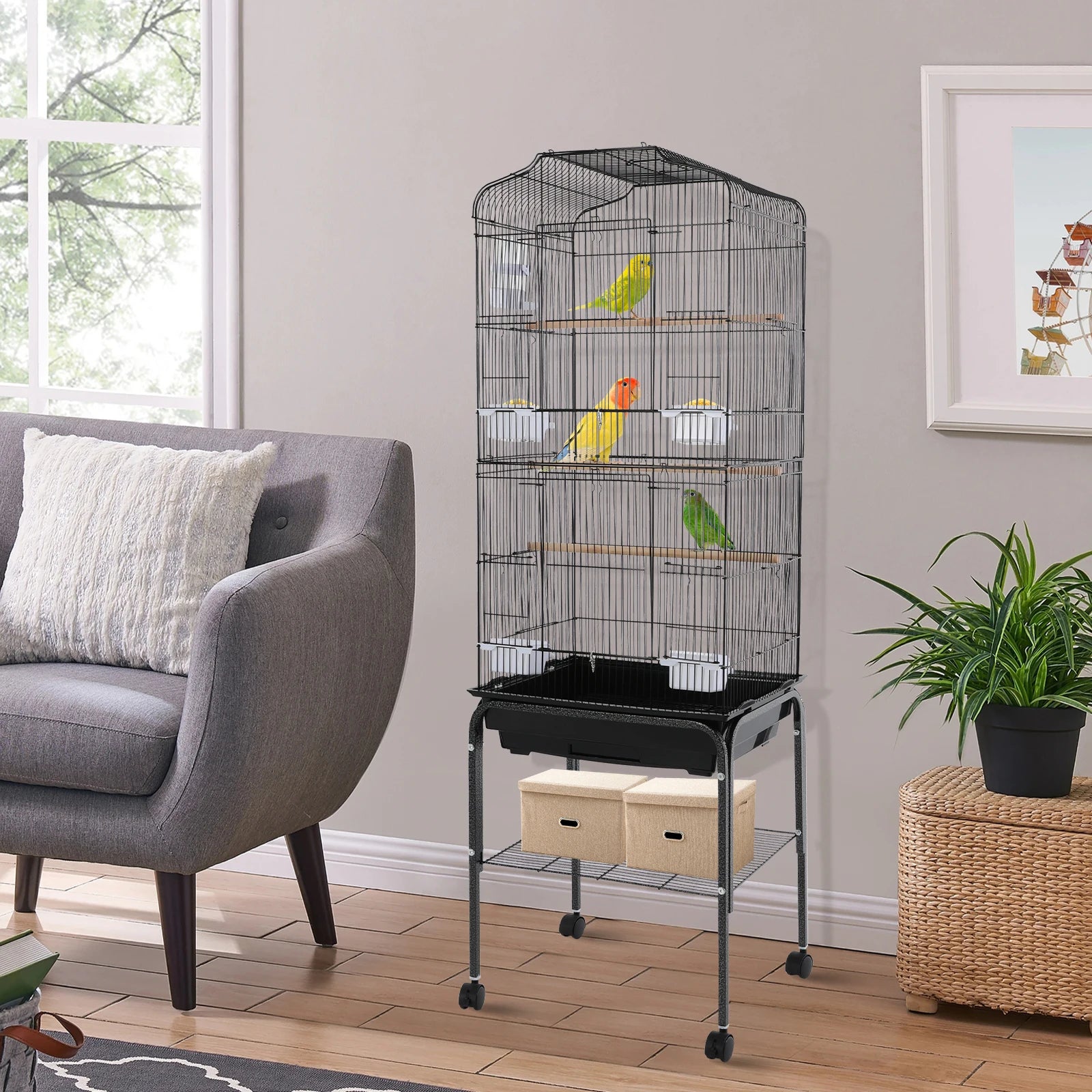 Large Bird Cage with Stand & Wheels - 47x37x137cm