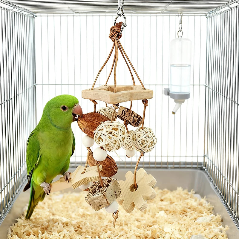 Natural Wooden Chewing Toy with Rattan Balls