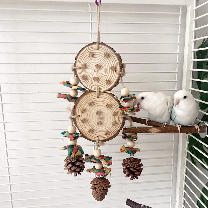 Parrot Chew Toy Set – Natural Wood, Corn Husk & Pinecone