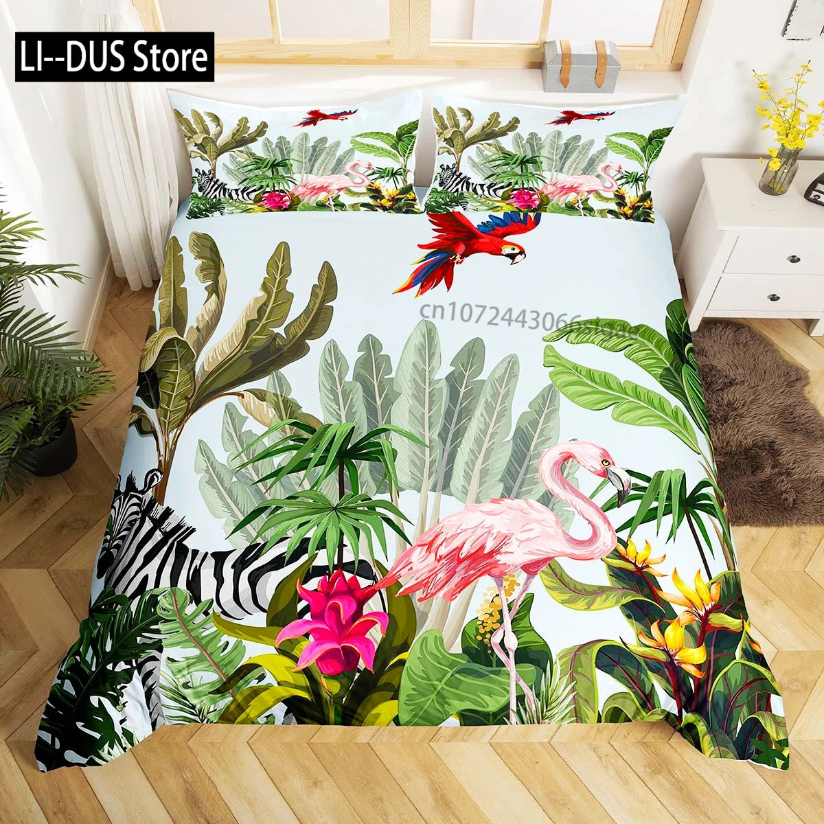 Tropical Parrot Bedding Set - 3 Piece Duvet Cover with Pillow Shams