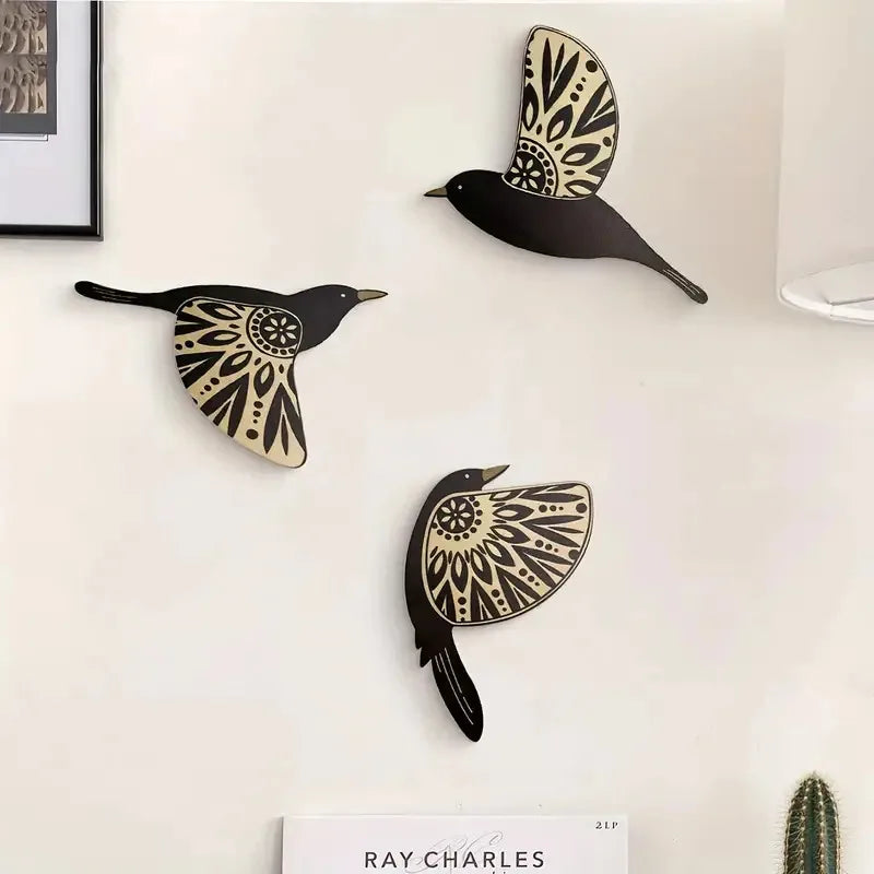 Wooden Black Bird Wall Decor Set (5 Pieces)