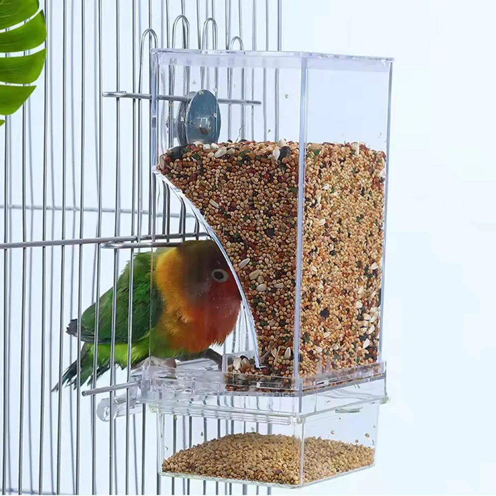 Anti-Spill Parrot Feeder - Clear Bird Food Dispenser
