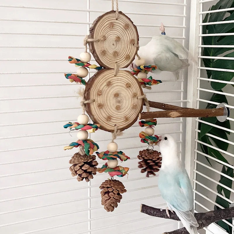 Parrot Chew Toy Set – Natural Wood, Corn Husk & Pinecone