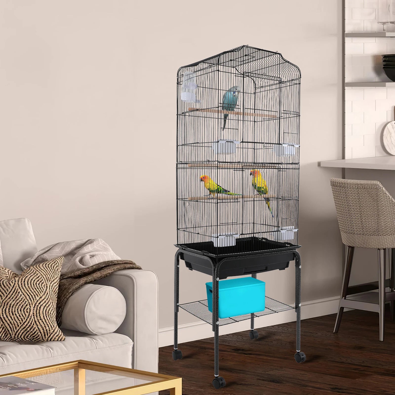 Large Bird Cage with Stand & Wheels - 47x37x137cm