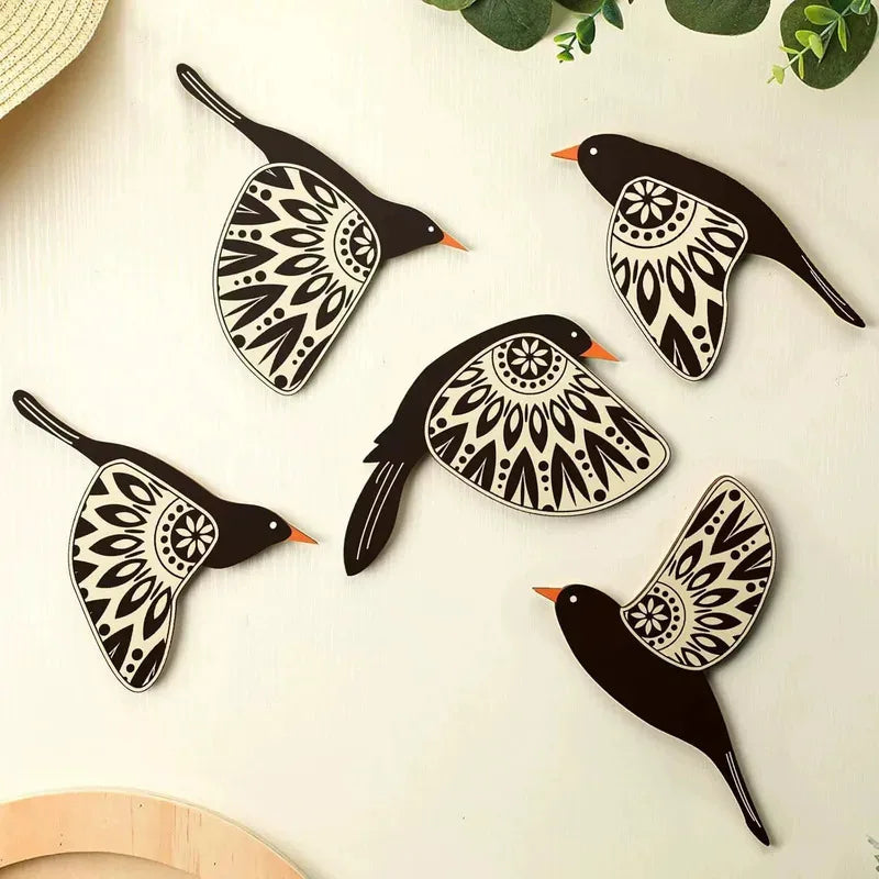 Wooden Black Bird Wall Decor Set (5 Pieces)