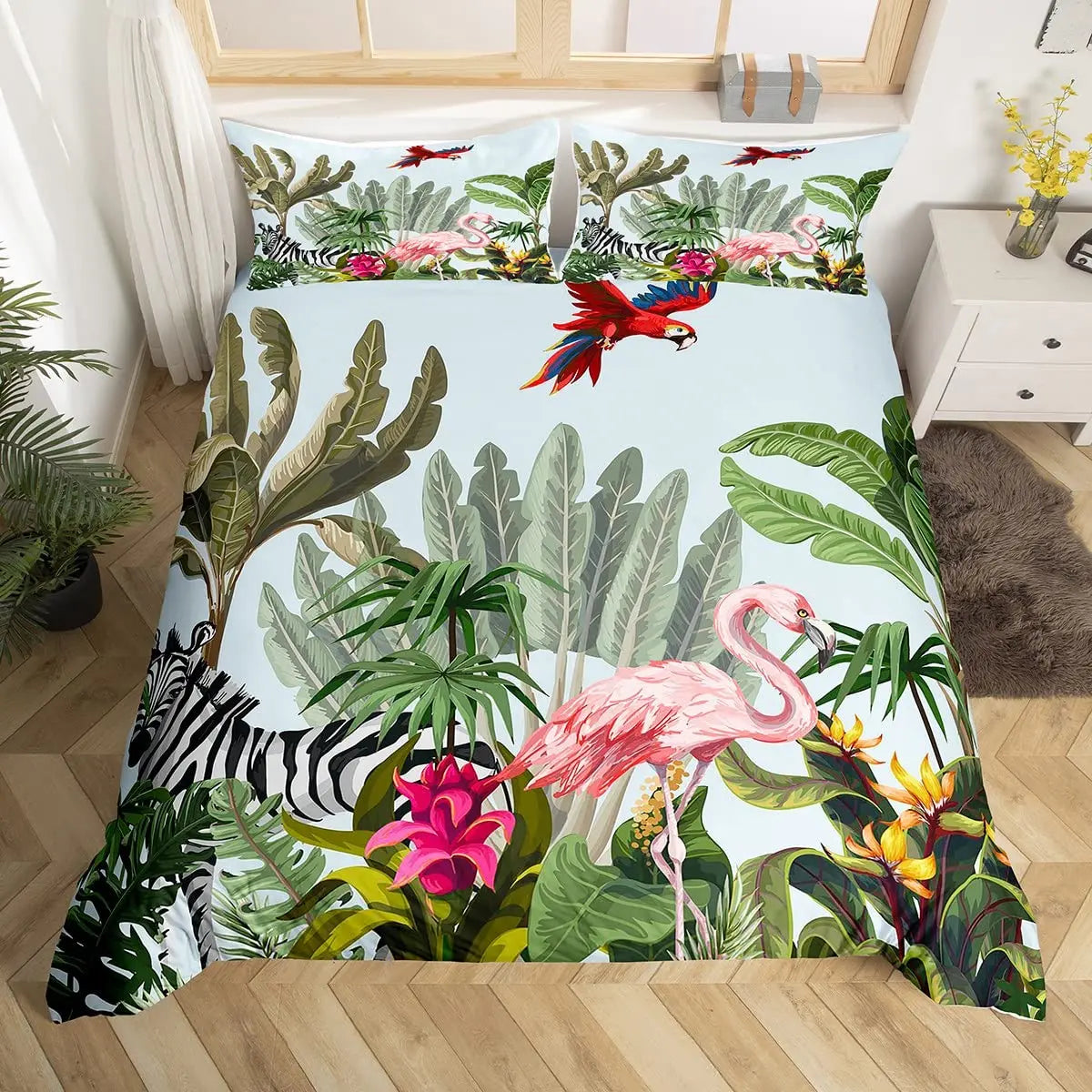 Tropical Parrot Bedding Set - 3 Piece Duvet Cover with Pillow Shams