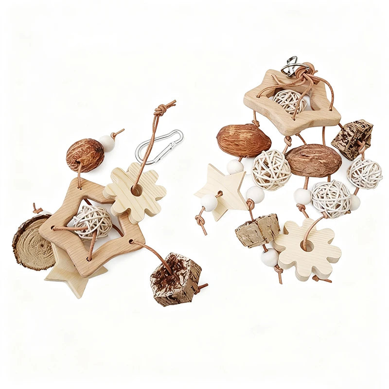 Natural Wooden Chewing Toy with Rattan Balls