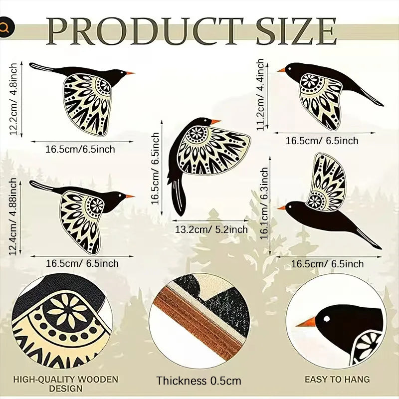 Wooden Black Bird Wall Decor Set (5 Pieces)