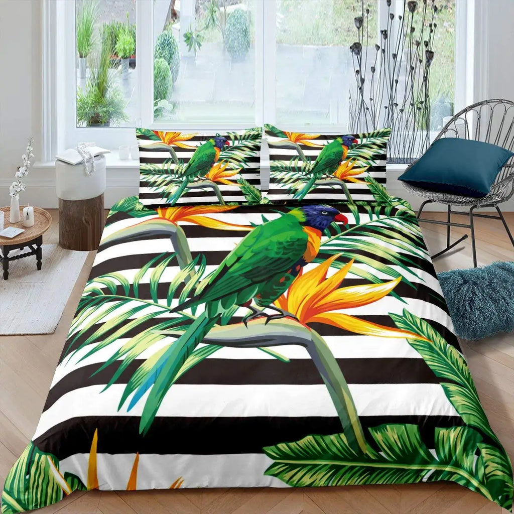 Tropical Parrot Bedding Set - 3 Piece Duvet Cover with Pillow Shams
