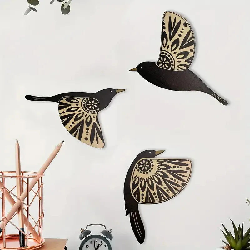 Wooden Black Bird Wall Decor Set (5 Pieces)