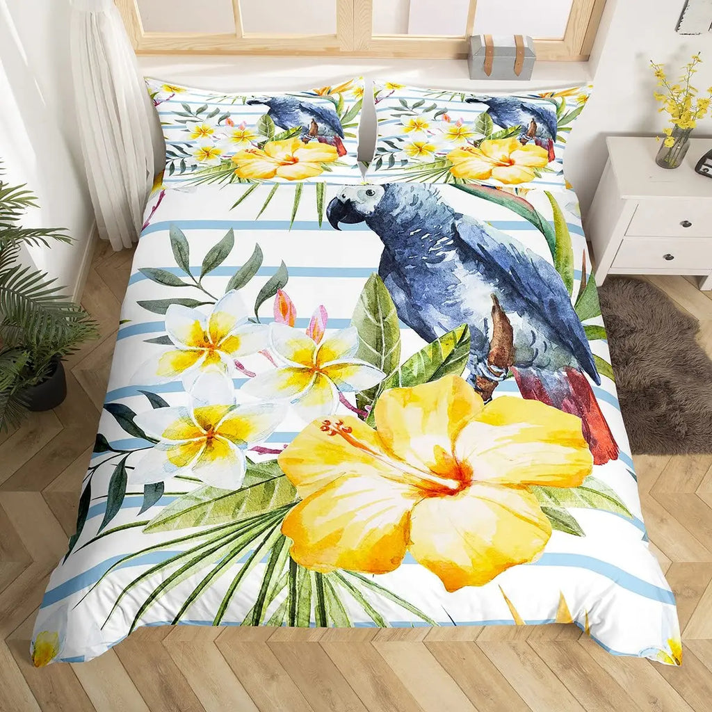Tropical Parrot Bedding Set - 3 Piece Duvet Cover with Pillow Shams