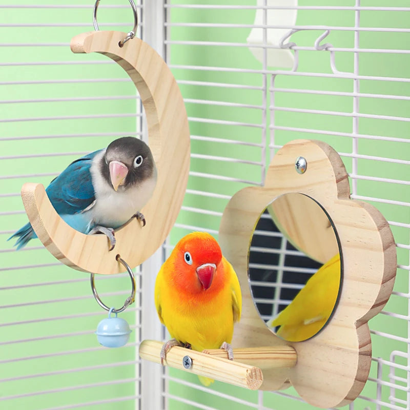 Wooden Mirror Interactive Toy with Perch