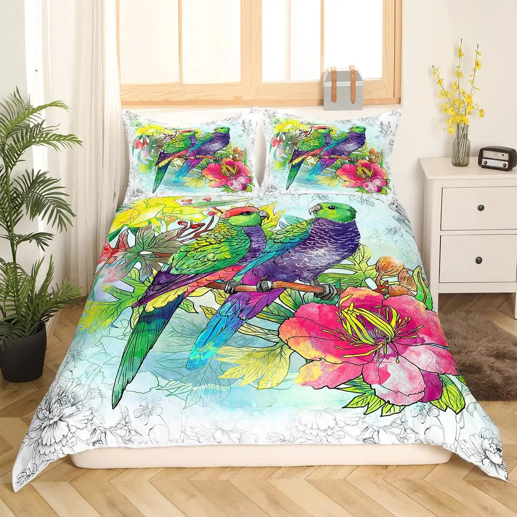 Tropical Parrot Bedding Set - 3 Piece Duvet Cover with Pillow Shams