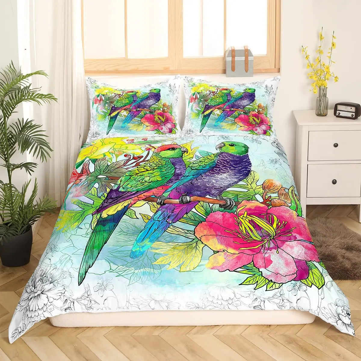 Tropical Parrot Bedding Set - 3 Piece Duvet Cover with Pillow Shams