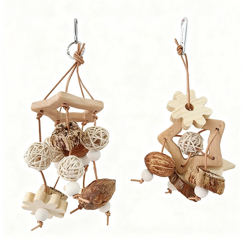 Natural Wooden Chewing Toy with Rattan Balls