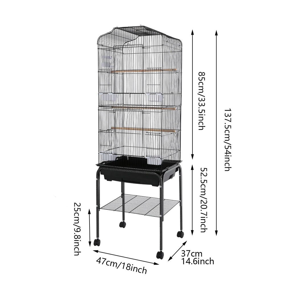 Large Bird Cage with Stand & Wheels - 47x37x137cm