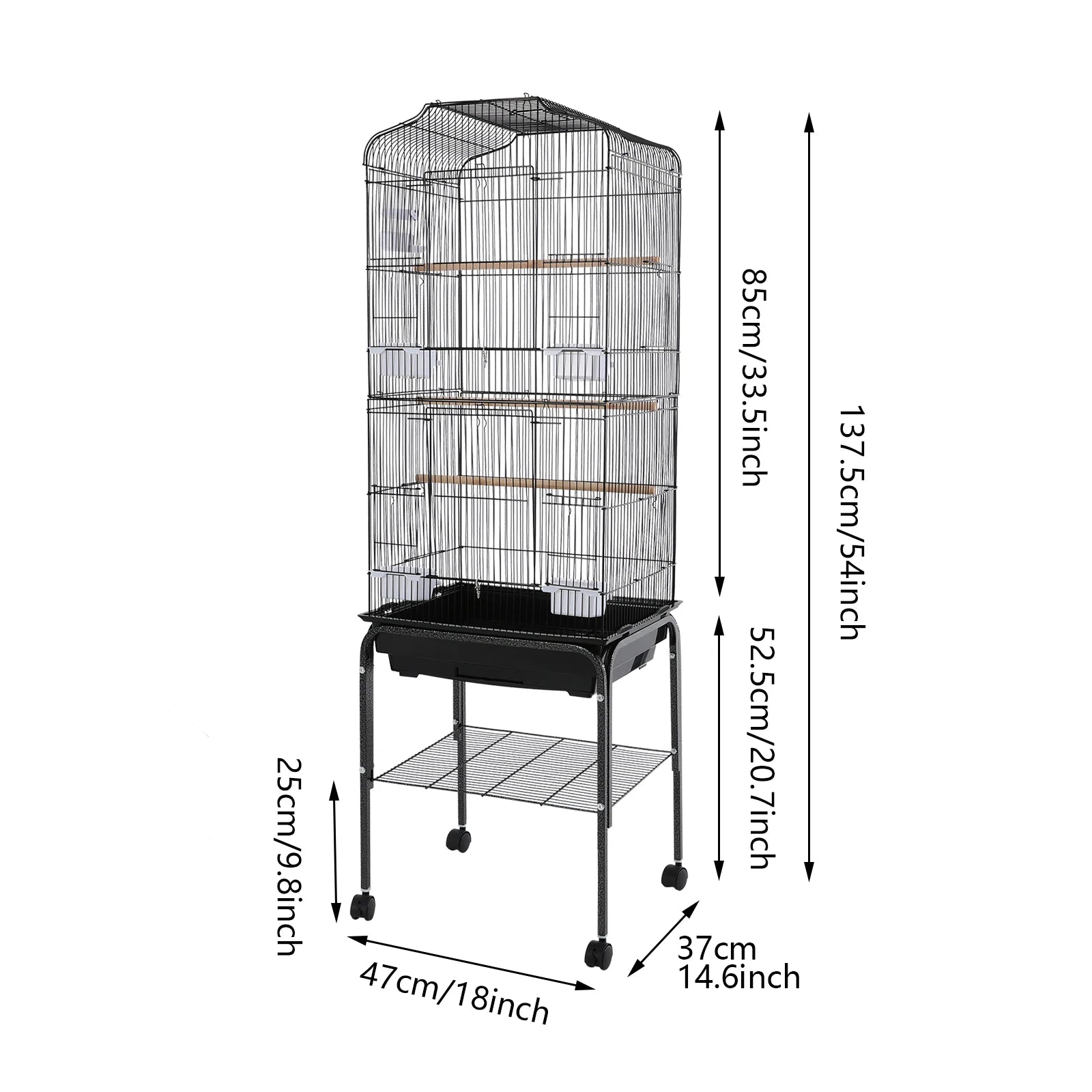 Large Bird Cage with Stand & Wheels - 47x37x137cm