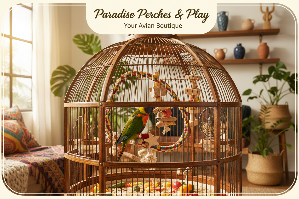 Colorful Parrot in Decorated Cage