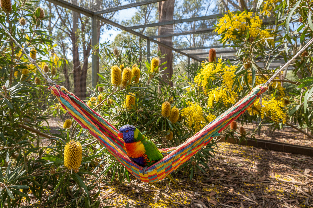 Rainbow lorikeet in aviary with Australian native plants