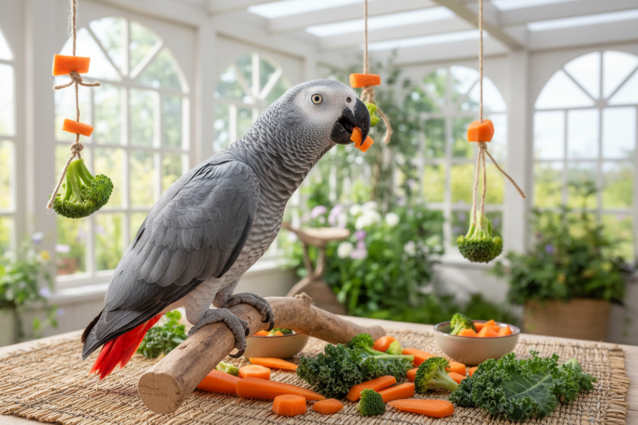 Realistic African Grey Parrot with Food